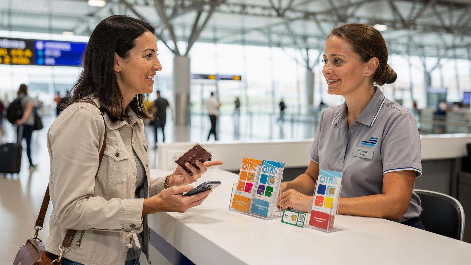 Une femme souriante, son passeport ouvert et son téléphone à la main, échange avec un agent derrière un comptoir d'aéroport, avec des brochures de forfaits de cartes SIM physiques visibles, évoquant l'achat d'une SIM locale.