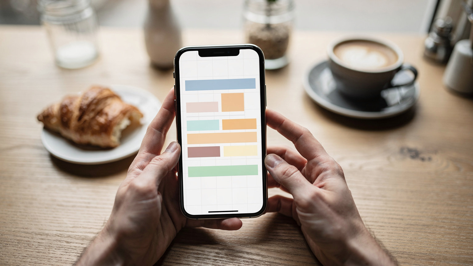 Une main féminine tenant un smartphone avec un tableau comparatif de prix eSIM affiché, posé sur une table de café berlinois avec un café et un croissant en arrière-plan, lumière naturelle douce.