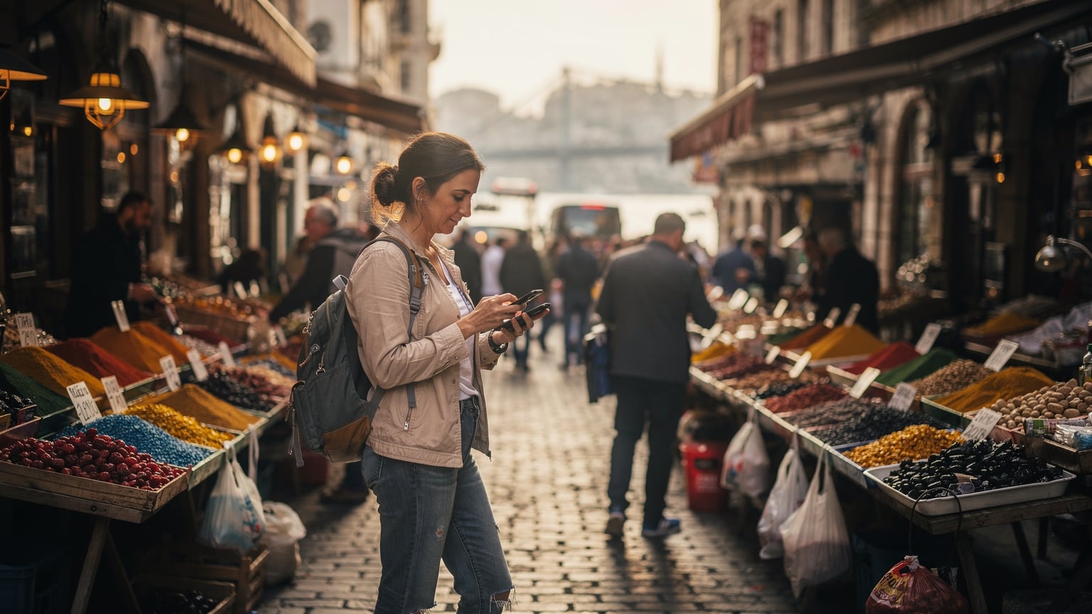 A woman confidently navigating a bustling street market in İstanbul's Eminönü district, glancing at her phone for directions while a historical mosque stands in the background.