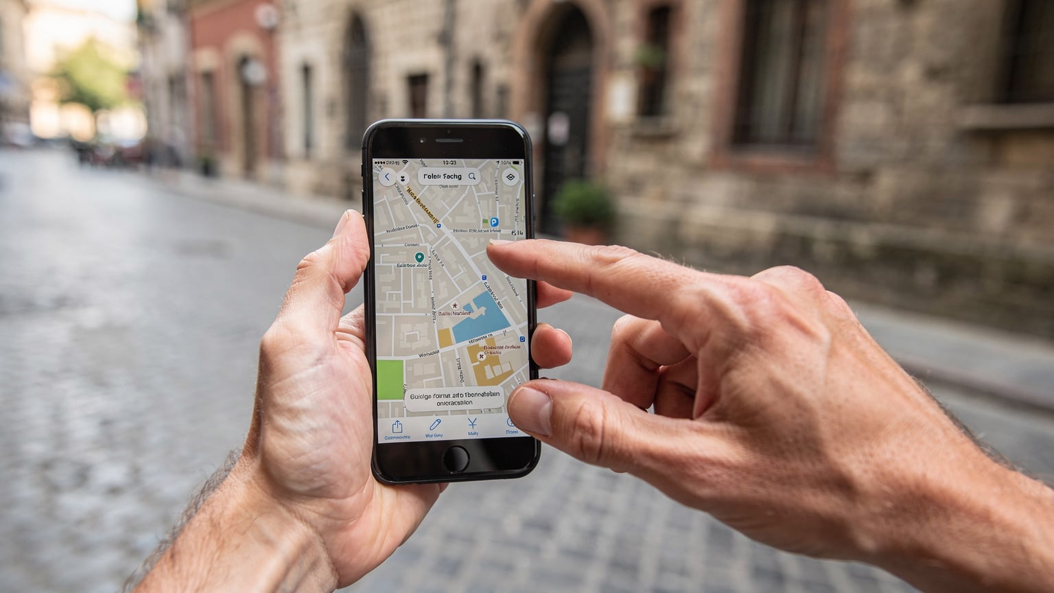 A close-up of a traveler's hands holding a smartphone, with a map application displaying a route through a historic European city, suggesting active navigation.