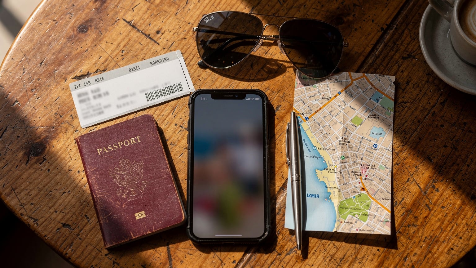 An overhead flat-lay shot of travel essentials, including a passport, a boarding pass, and a smartphone displaying a generic travel-related image, arranged neatly on a wooden table.