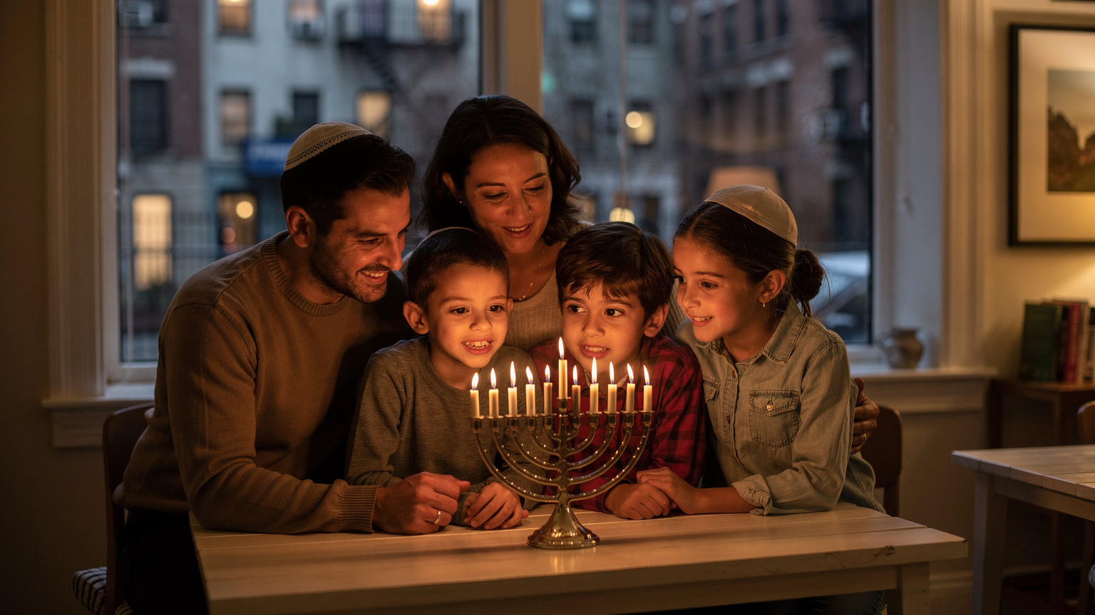 משפחה יהודית מתאספת סביב חנוכייה מוארת בחלון דירה ברובע אפר איסט סייד בניו יורק, כשרקע בנייני לבנים אופייניים.