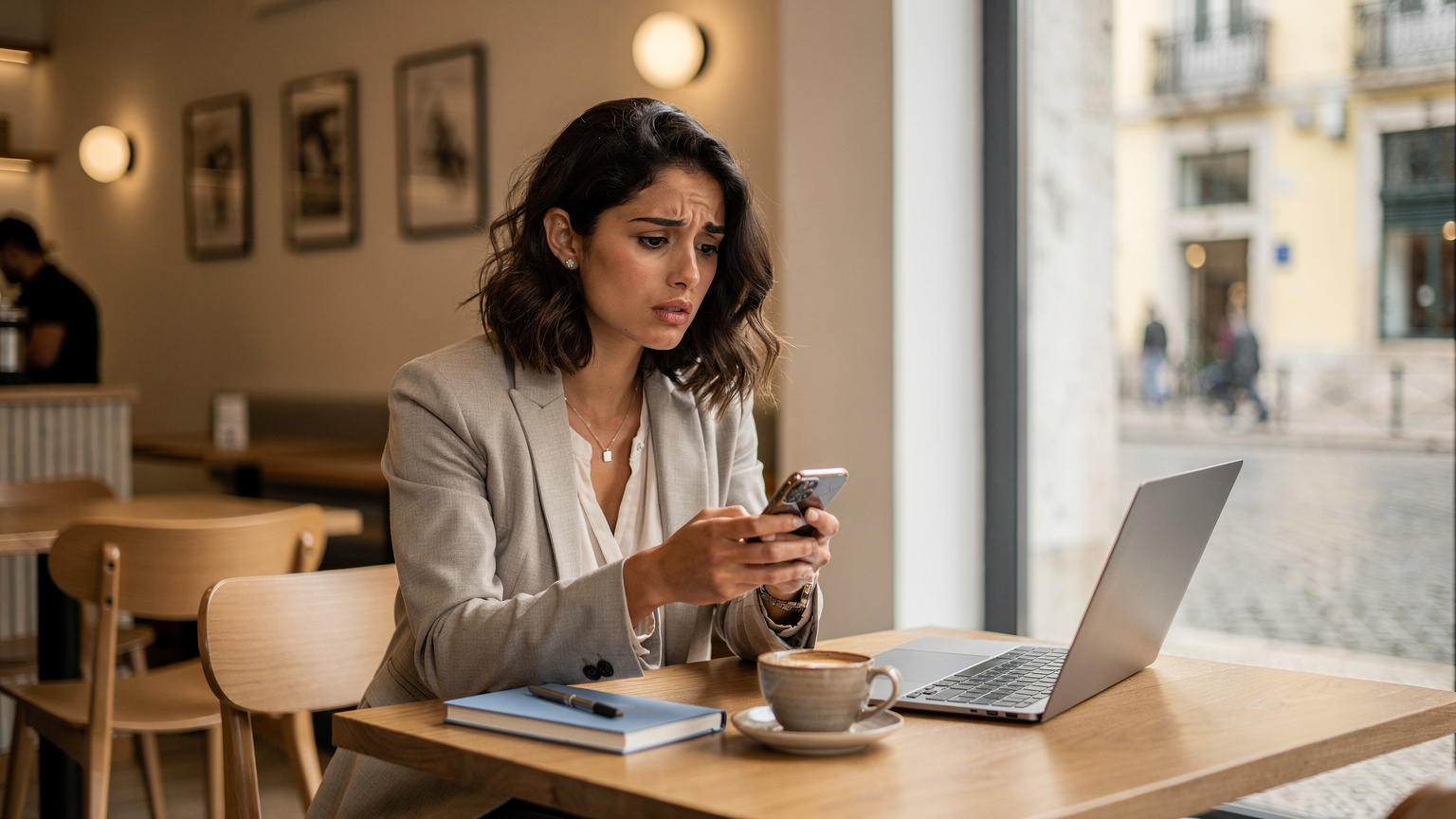 Uma mulher portuguesa em uma cafeteria moderna em Lisboa, com seu laptop e smartphone, frustrada enquanto tenta resolver um problema de conexão, talvez com um chat de suporte técnico aberto na tela.