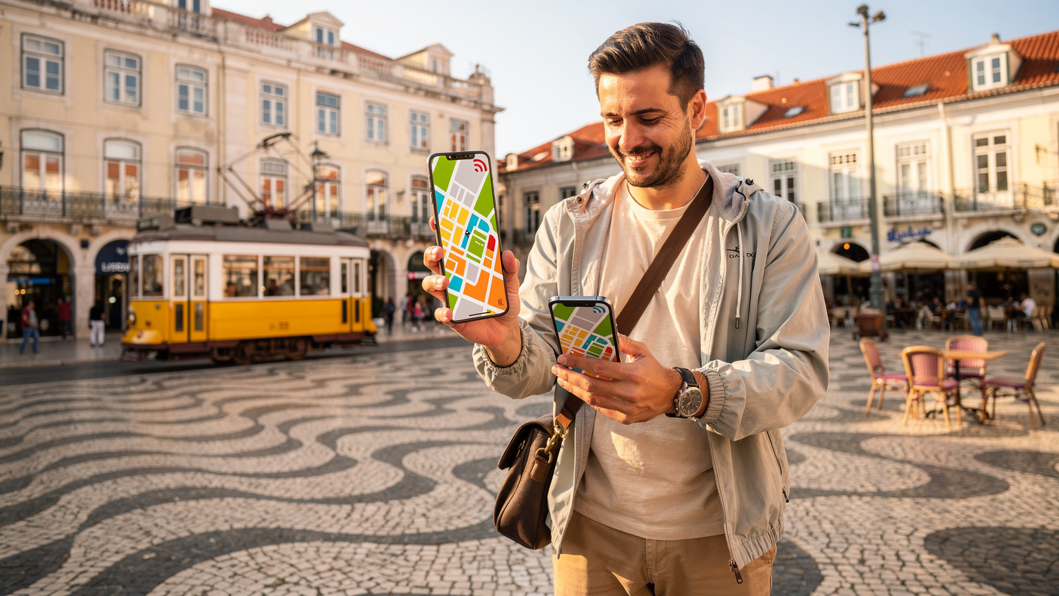 Um viajante em Lisboa, com um smartphone mostrando a rede cheia e o mapa da cidade, indicando uma conexão sem problemas.