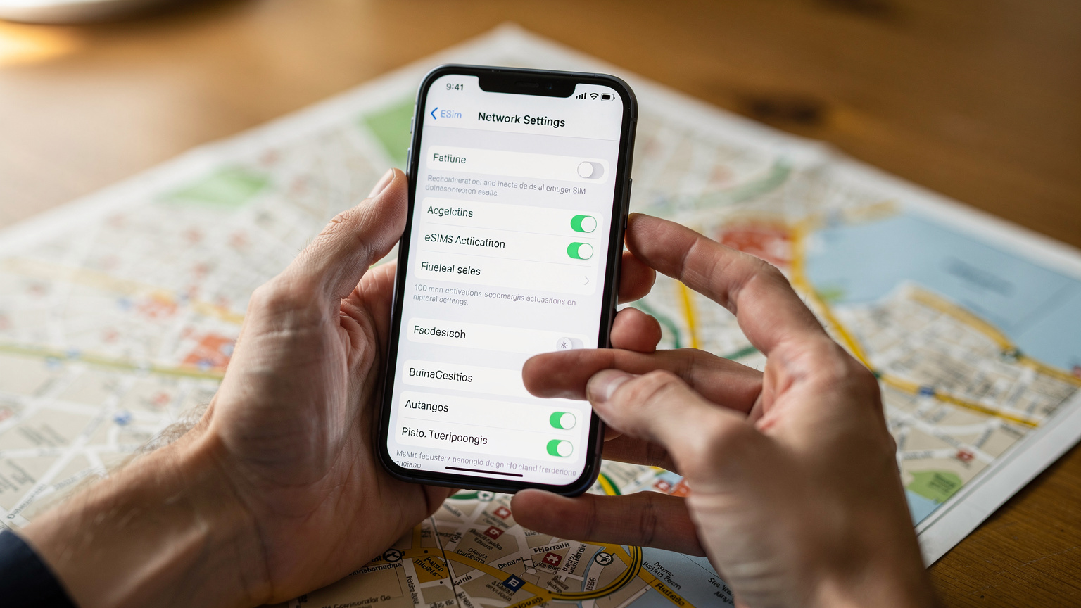 Mãos de um viajante segurando um smartphone, navegando pelas configurações de rede para ativar um eSIM, com um mapa turístico de Portugal ao fundo.