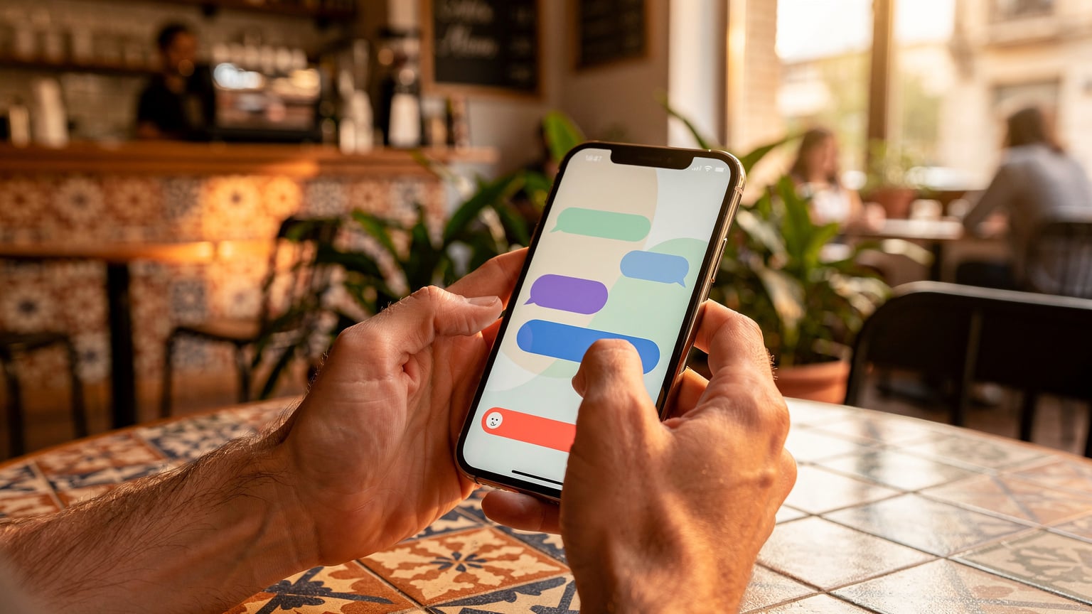 Manos de un viajero sosteniendo un teléfono con la pantalla de soporte al cliente de Cellesim, en un café de estilo mediterráneo con azulejos y plantas, durante la hora dorada.
