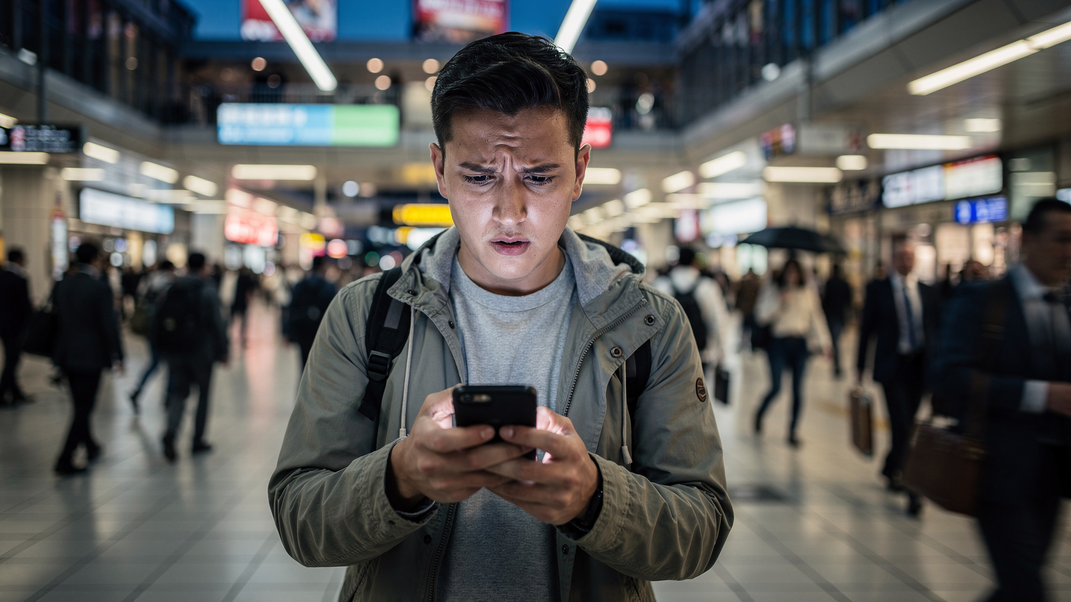 Un viajero en Tokio consulta su teléfono con cara de preocupación, mientras otros pasan apurados en la estación de Shinjuku, al caer la tarde, con los neones empezando a brillar.