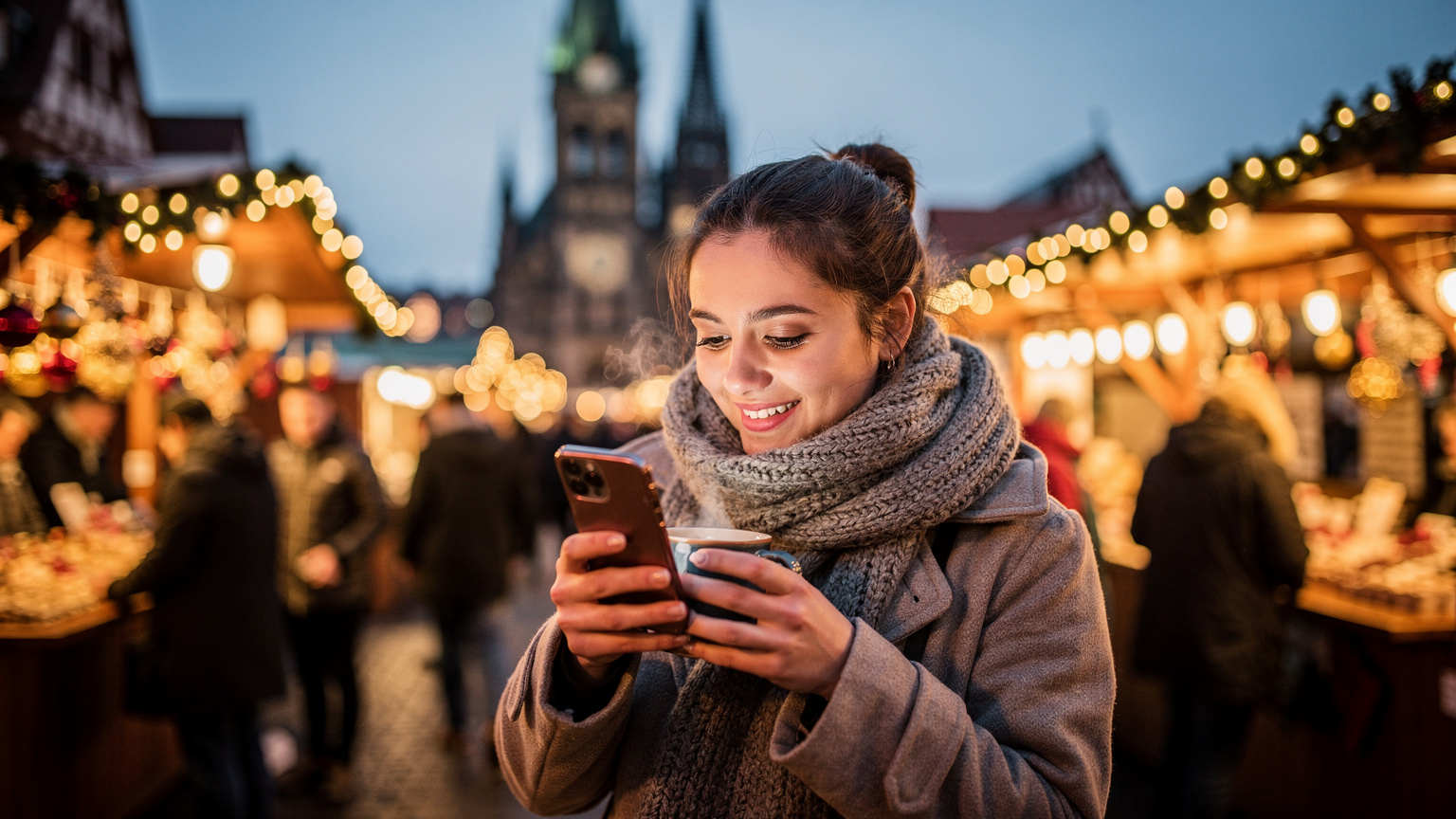 Een persoon genietend van glühwein op een sfeervolle kerstmarkt in Neurenberg, met de hand een telefoon vasthoudend die een eSIM-profiel toont.