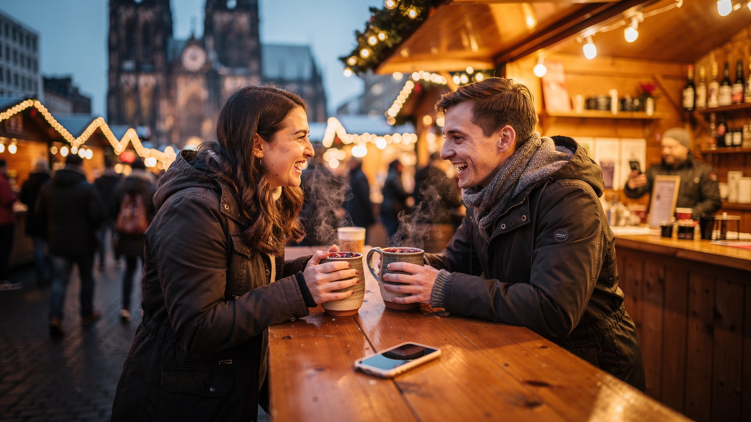Een geanimeerde discussie over Glühwein op een kerstmarkt in Keulen, met een telefoon die discreet op tafel ligt.