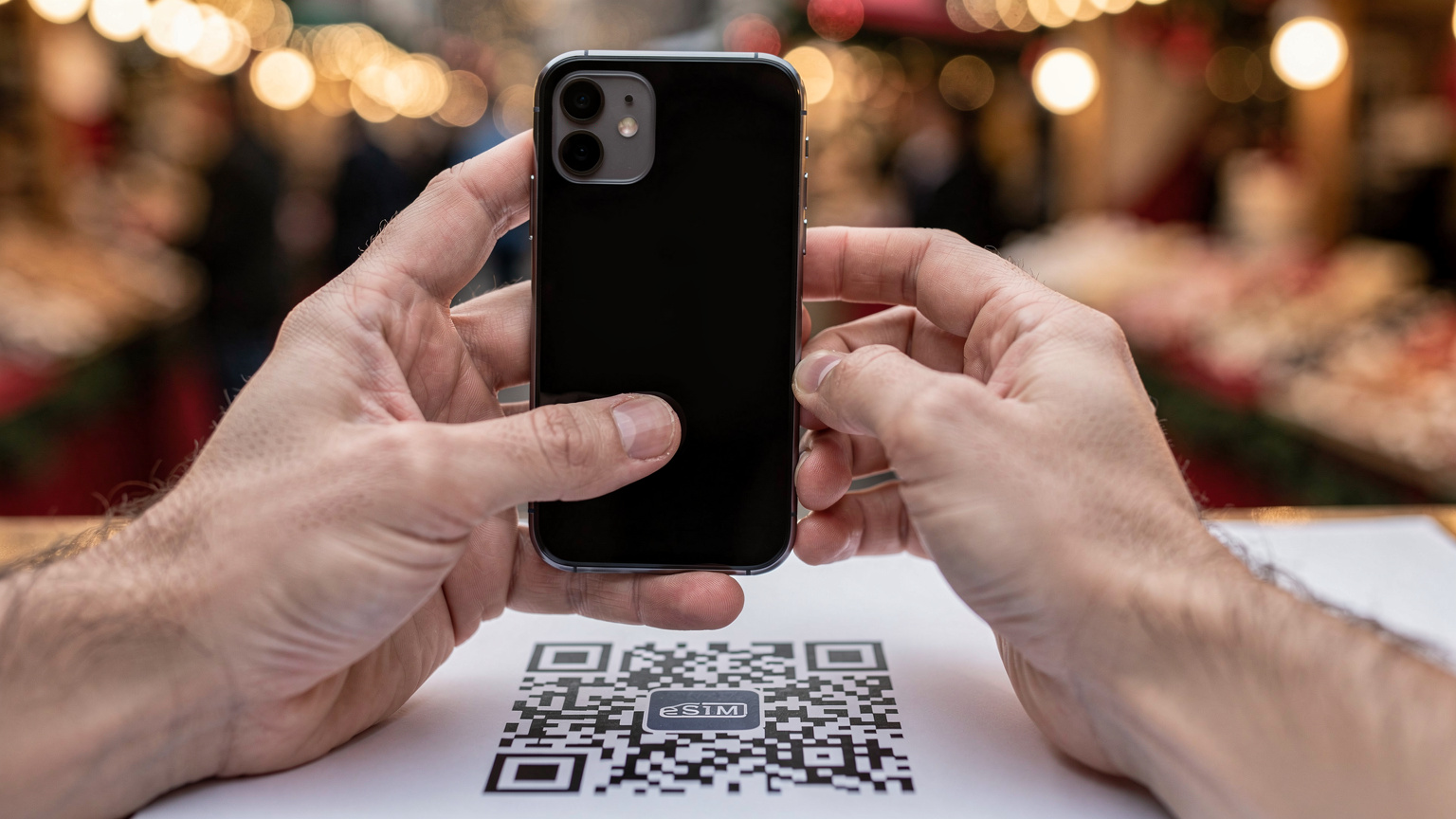 Handen die een telefoon vasthouden en een QR-code scannen om een eSIM te activeren, met een wazige achtergrond van een sfeervolle kerstmarkt.