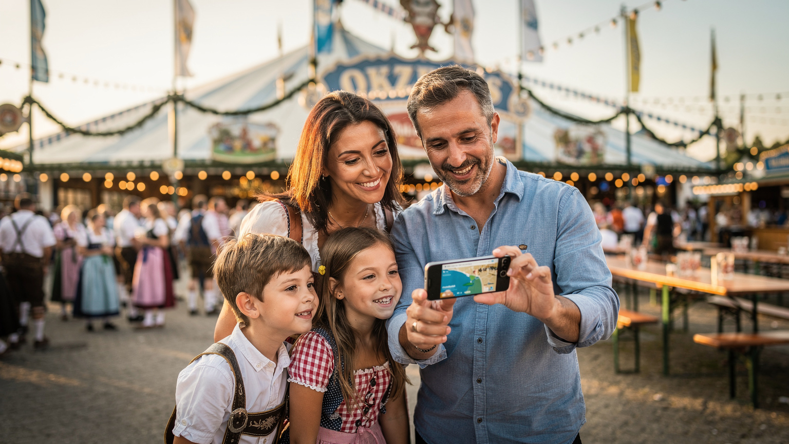 Una famiglia italiana, genitori e due bambini, sorride mentre consulta un telefono con una eSIM attiva, sullo sfondo un tendone dell'Oktoberfest a Monaco di Baviera.