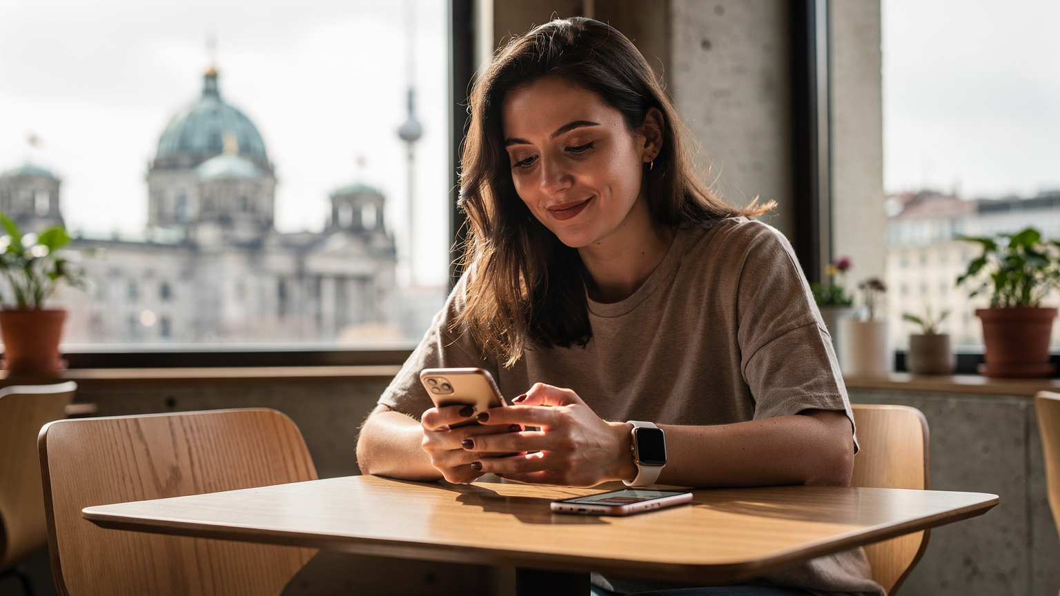 Eine Frau in einem Café in Berlin-Mitte nutzt ihr iPhone, um eine eSIM zu aktivieren, während ihre Apple Watch auf dem Tisch liegt, was die enge Verbindung zwischen den Geräten verdeutlicht.