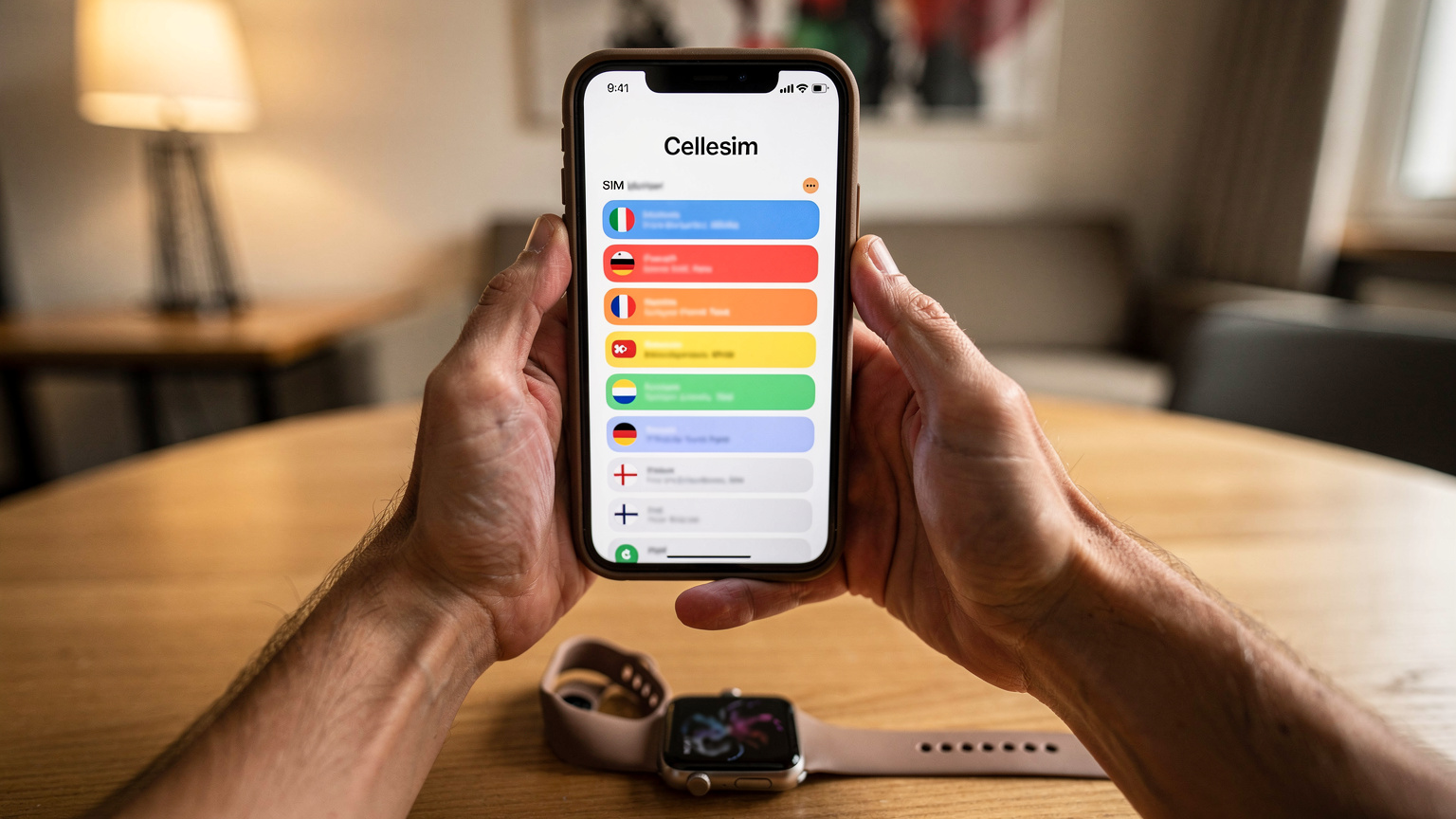 Ein Reisender hält sein Apple iPhone mit geöffneter Cellesim App in der Hand und scrollt durch die eSIM-Angebote für verschiedene Länder, mit einer unscharfen Apple Watch im Vordergrund.