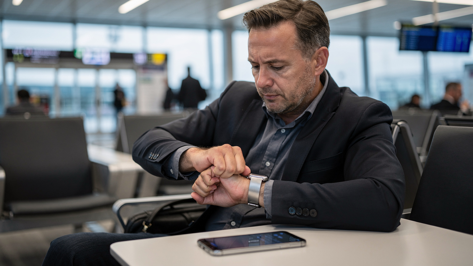 Ein Reisender im Flughafen Frankfurt am Main, der besorgt auf seine Apple Watch blickt, während sein Smartphone daneben liegt, was auf ein Verbindungsproblem hindeutet.