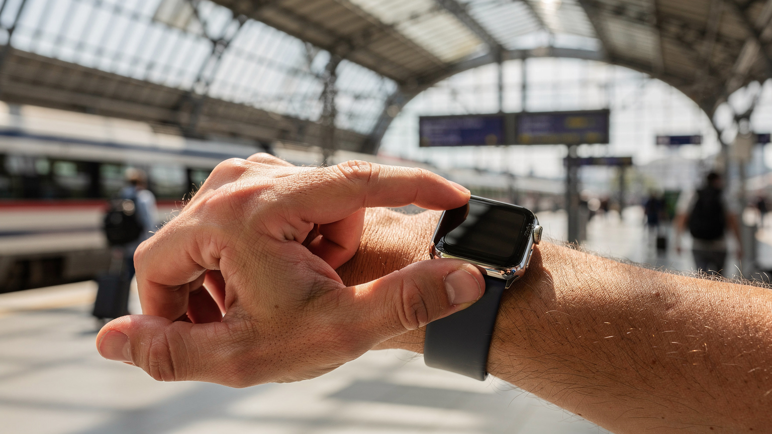 Eine Nahaufnahme zeigt die Hand eines Reisenden, der auf seiner Apple Watch in der Bahnhofshalle in Wien ein Bahn-Ticket oder Fahrplan überprüft.