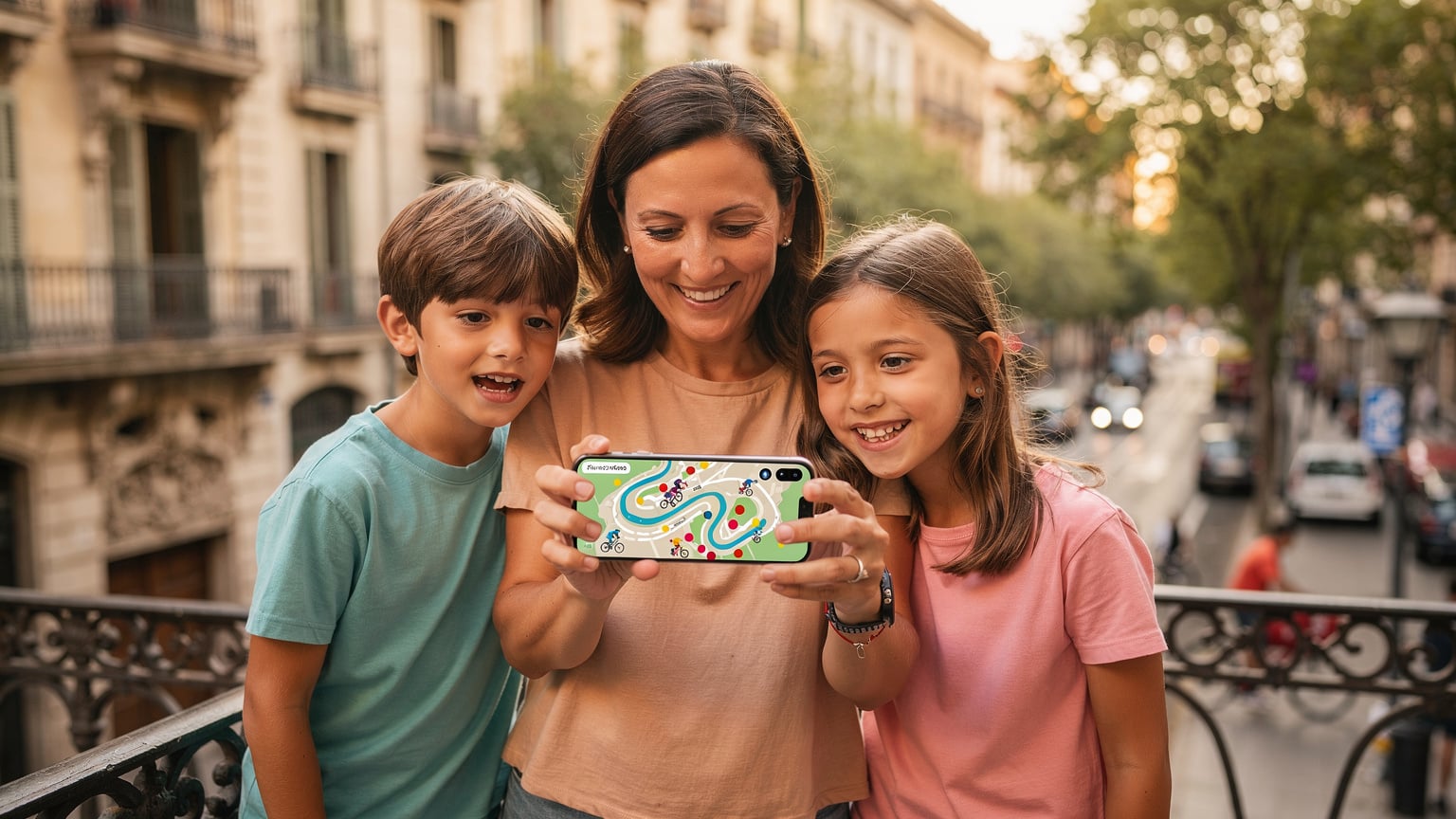 A mother holding her smartphone, displaying a live cycling race tracking app, while her two children look on excitedly from a Spanish balcony overlooking a bustling street.