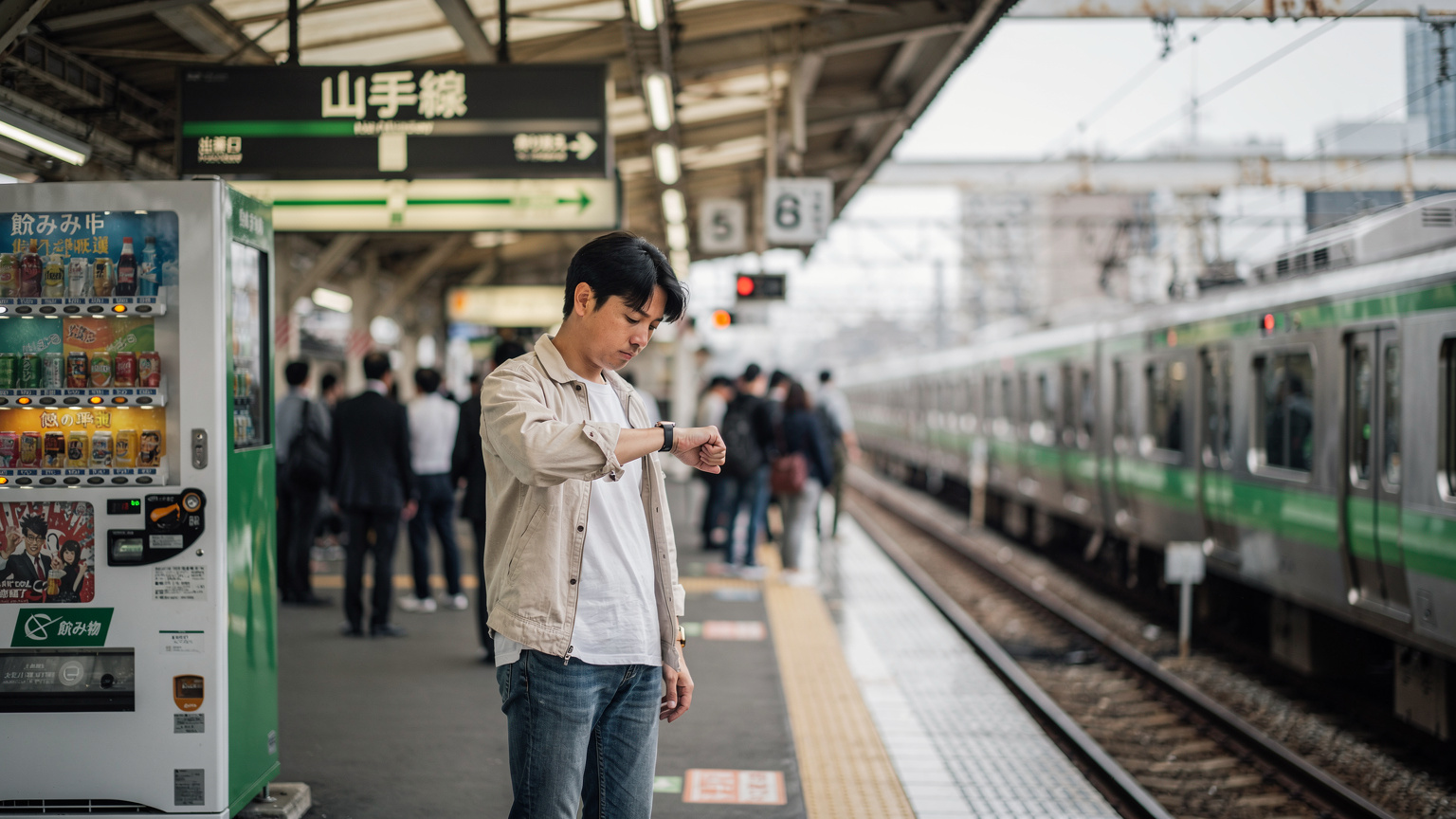 Un voyageur vérifiant sa montre connectée sur le quai d'une gare animée de Tokyo, avec des panneaux en japonais et le mouvement rapide des trains en arrière-plan.