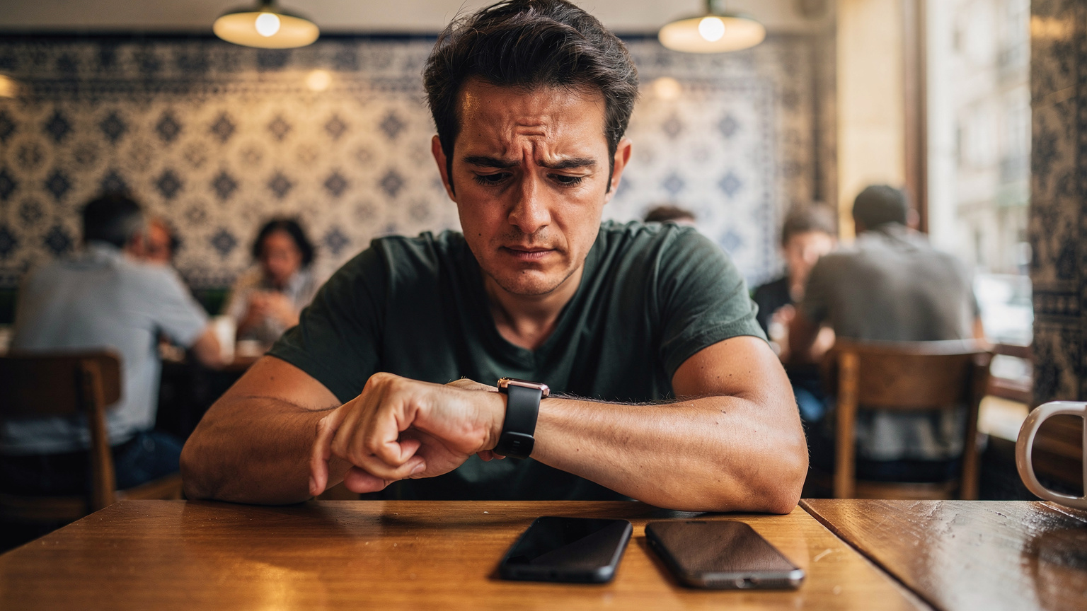 Une personne assise dans un café bondé, regardant son Apple Watch avec une expression de légère frustration, son iPhone est posé sur la table à côté.