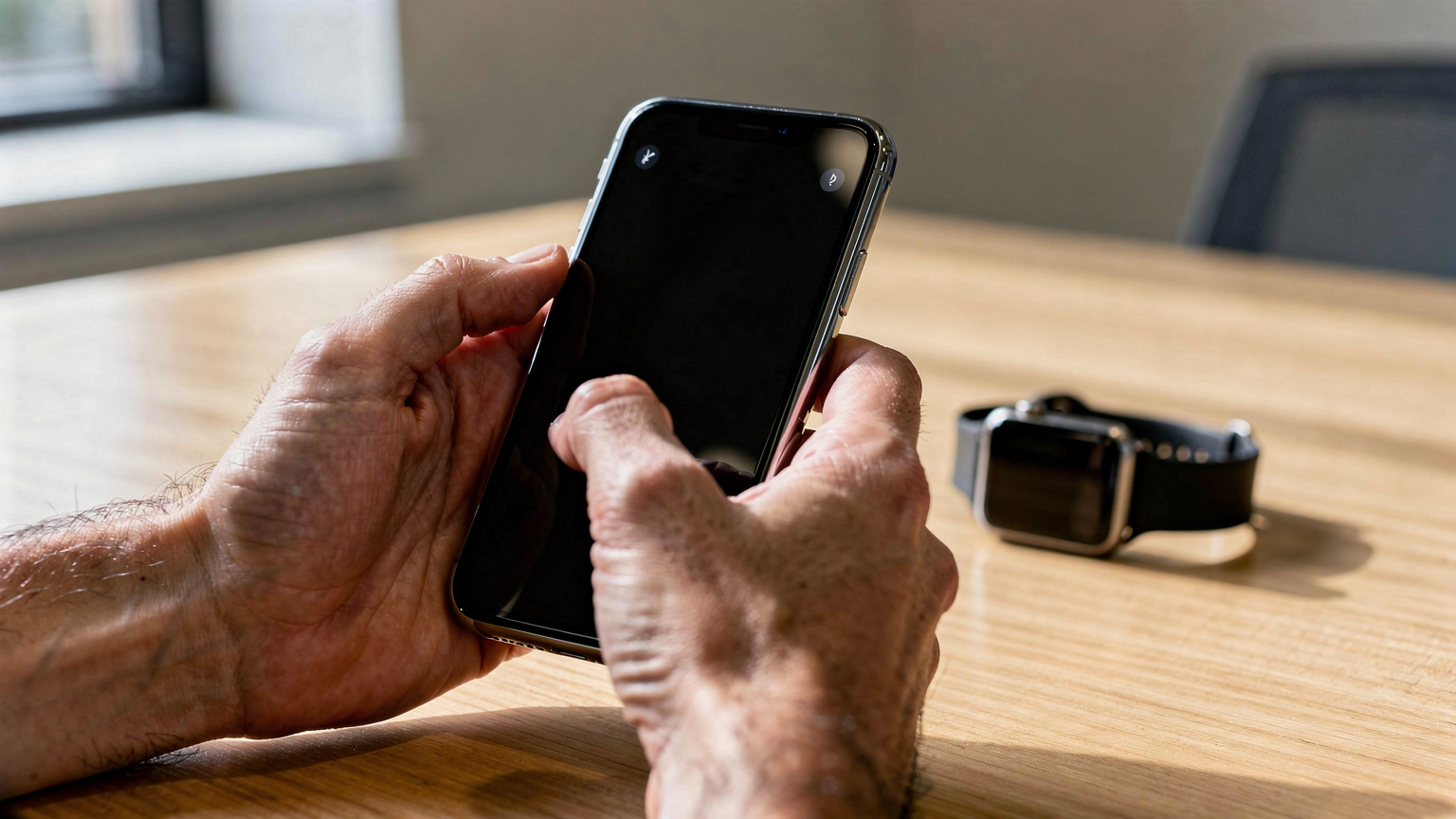 Gros plan sur des mains utilisant l'application Watch sur un iPhone pour configurer une eSIM, avec l'Apple Watch posée à côté, un peu floue en arrière-plan.
