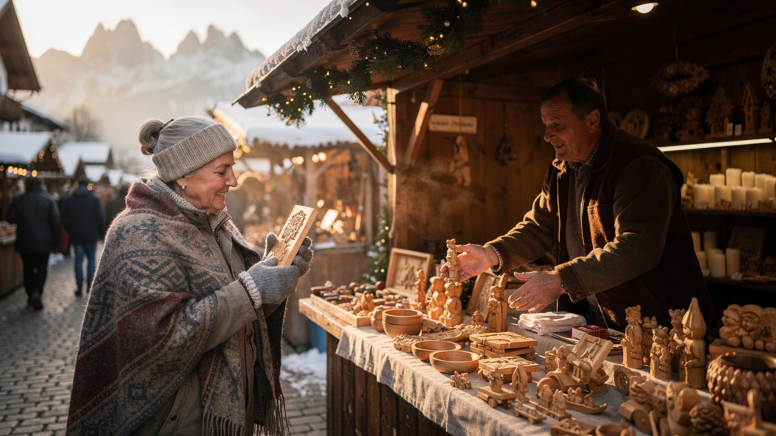 Una donna anziana in Trentino-Alto Adige, Italia, avvolta in uno scialle di lana, sorride mentre interagisce con un venditore di prodotti artigianali in legno a un mercatino di Natale affollato. Sullo sfondo, si intravedono le Dolomiti innevate. La luce del tramonto invernale illumina delicatamente la scena.