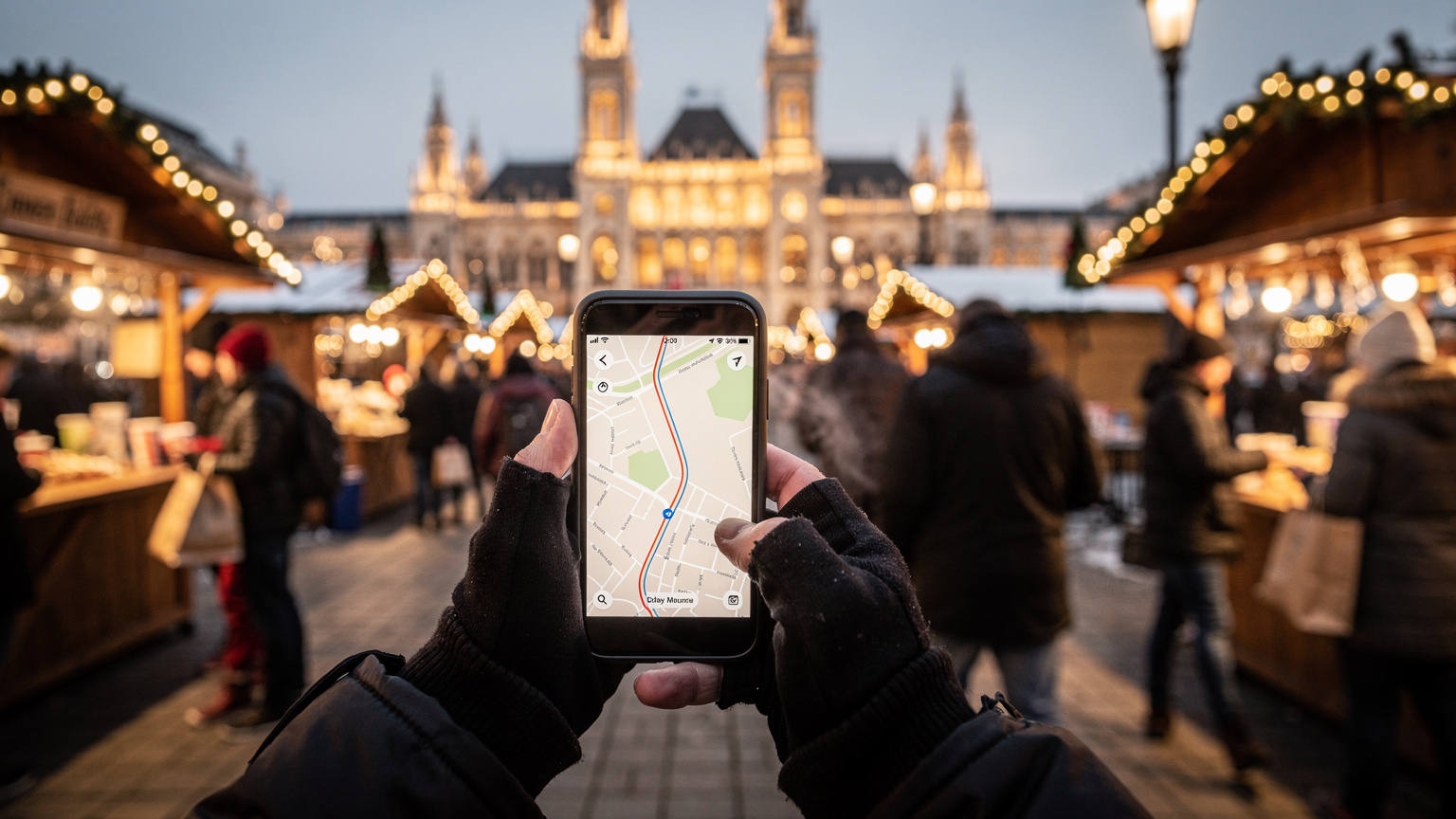 Mani di un viaggiatore, che tiene uno smartphone con una schermata di mappa aperta, mentre si trova al mercatino di Natale di Vienna. Sullo sfondo, il Municipio di Vienna illuminato si erge maestoso, con le luci festive che creano un'atmosfera magica. La luce è calda e avvolgente, tipica della sera.