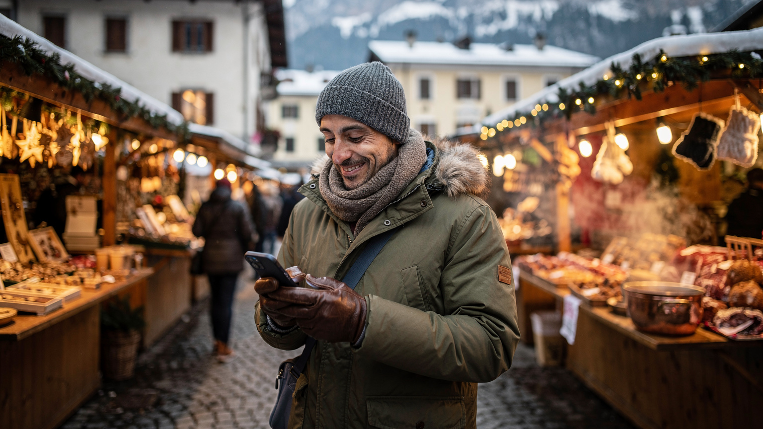 Un viaggiatore sorride mentre si trova in un affollato mercatino di Natale in Trentino, con luci calde e bancarelle artigianali sullo sfondo, mentre controlla le indicazioni sul suo telefono.