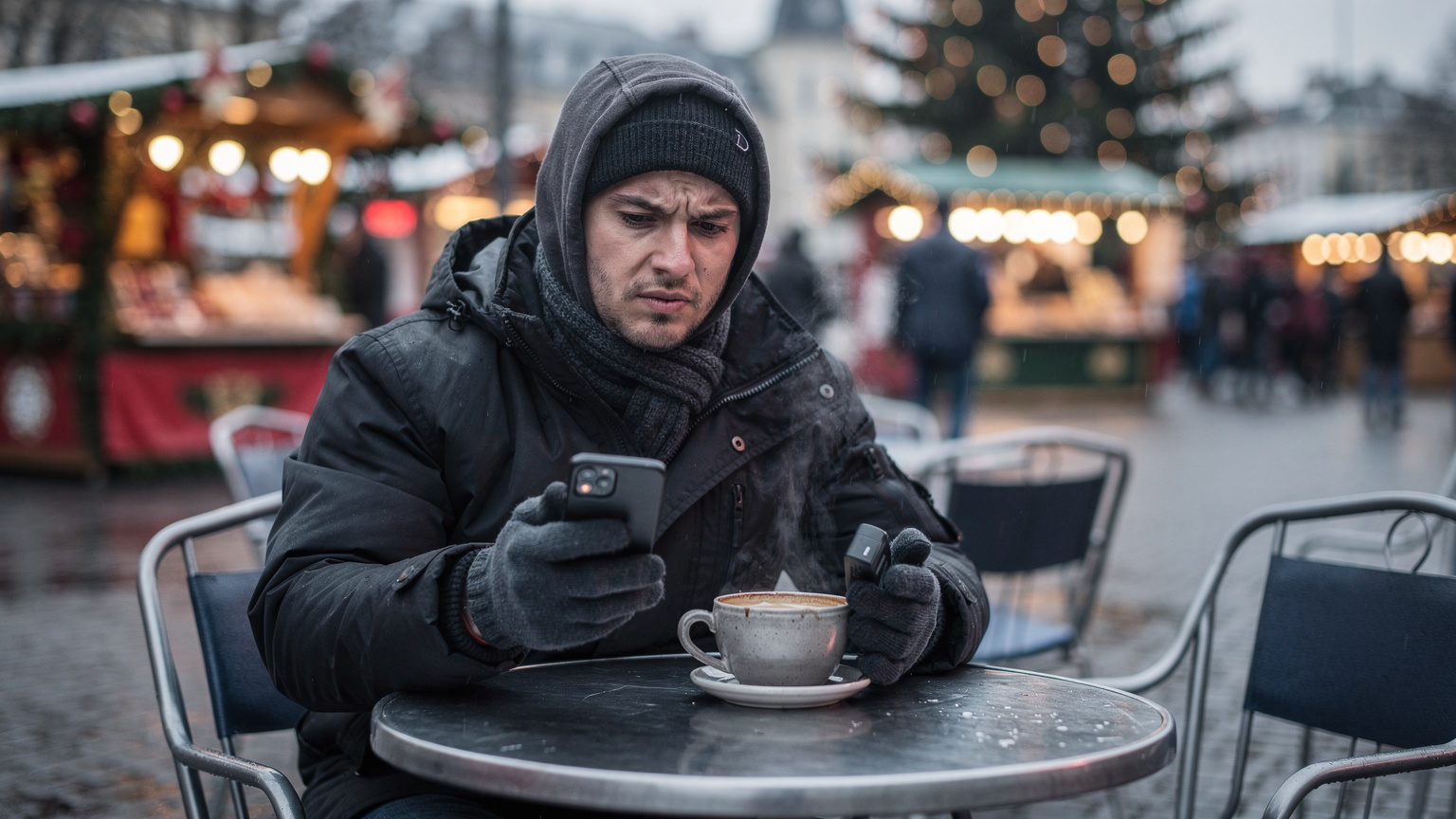 Un viaggiatore seduto a un tavolino di un caffè all'aperto, avvolto in un caldo cappotto invernale, guarda con espressione leggermente infastidiata il suo smartphone, che mostra una notifica di batteria scarica. Sullo sfondo, un mercatino di Natale sfocato e festoso suggerisce la frustrazione di rimanere senza connessione in un momento chiave. La luce è fredda e grigia, tipica di una giornata invernale.