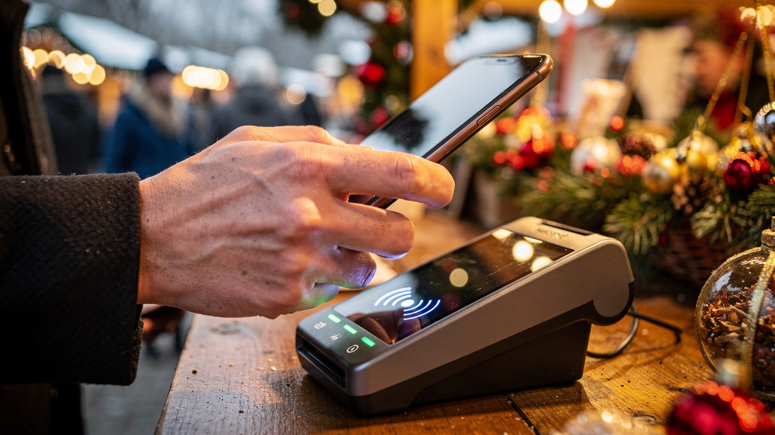 Un primo piano di un terminale di pagamento contactless con una mano che tiene uno smartphone sopra di esso, completando un acquisto in un mercatino di Natale affollato. Sullo sfondo sfocato, si vedono bancarelle illuminate e persone che passeggiano. La scena è ben illuminata dalle luci festive del mercato.
