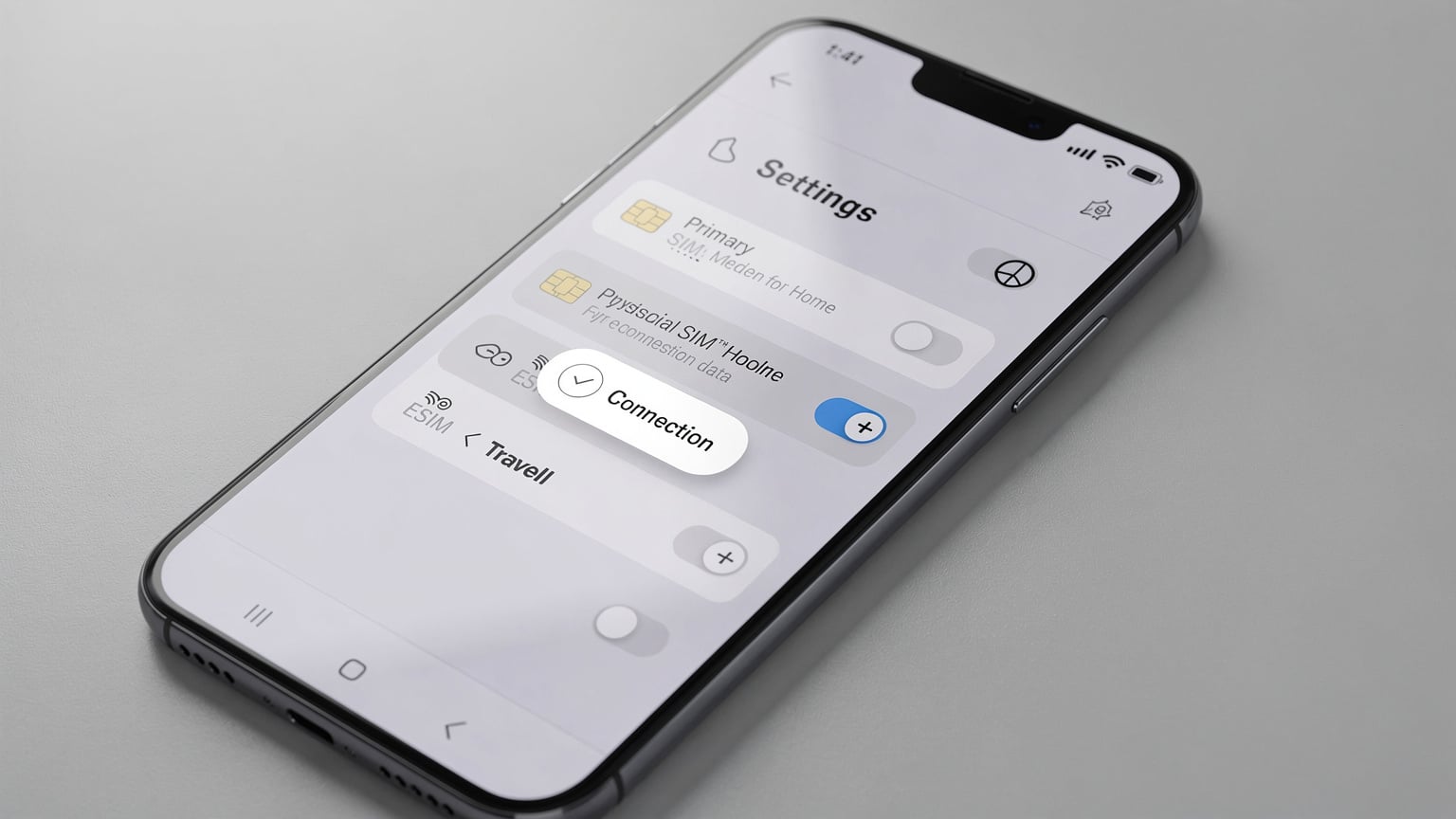 Ein Smartphone zeigt die Dual-SIM-Einstellungen, wobei eine physische SIM und eine eSIM aktiv sind, mit Fokus auf die Optionen zur Datenverbindung.
