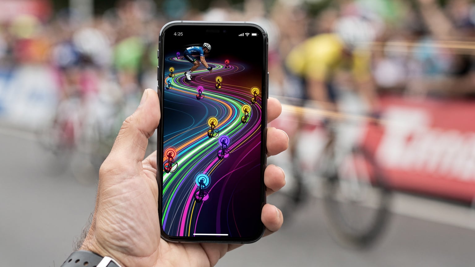 Eine Nahaufnahme eines Smartphones, das eine Live-Tracking-App für ein Radrennen anzeigt, mit verschwommener, energiegeladener Rennatmosphäre im Hintergrund.