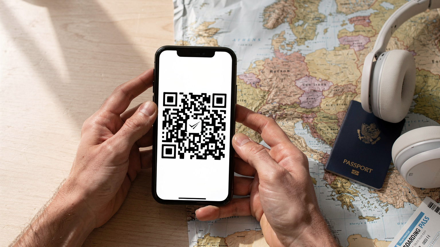 Κοντινό πλάνο σε χέρια που κρατούν ένα smartphone, με την οθόνη να δείχνει τη διαδικασία εγκατάστασης μιας eSIM μέσω σάρωσης QR κωδικού, με φόντο έναν χάρτη της Ευρώπης και ένα διαβατήριο.