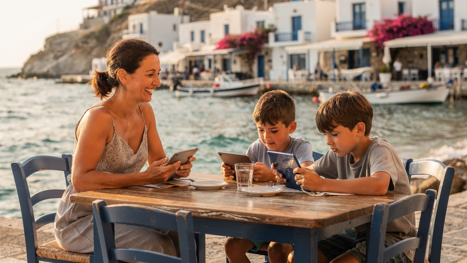 Μια μητέρα χαμογελά καθώς τα παιδιά της, καθισμένα σε ένα τραπέζι σε μια παραδοσιακή ελληνική ταβέρνα με θέα στη θάλασσα, παίζουν στα tablet τους, έχοντας το καθένα τη δική του eSIM για αδιάλειπτη σύνδεση.