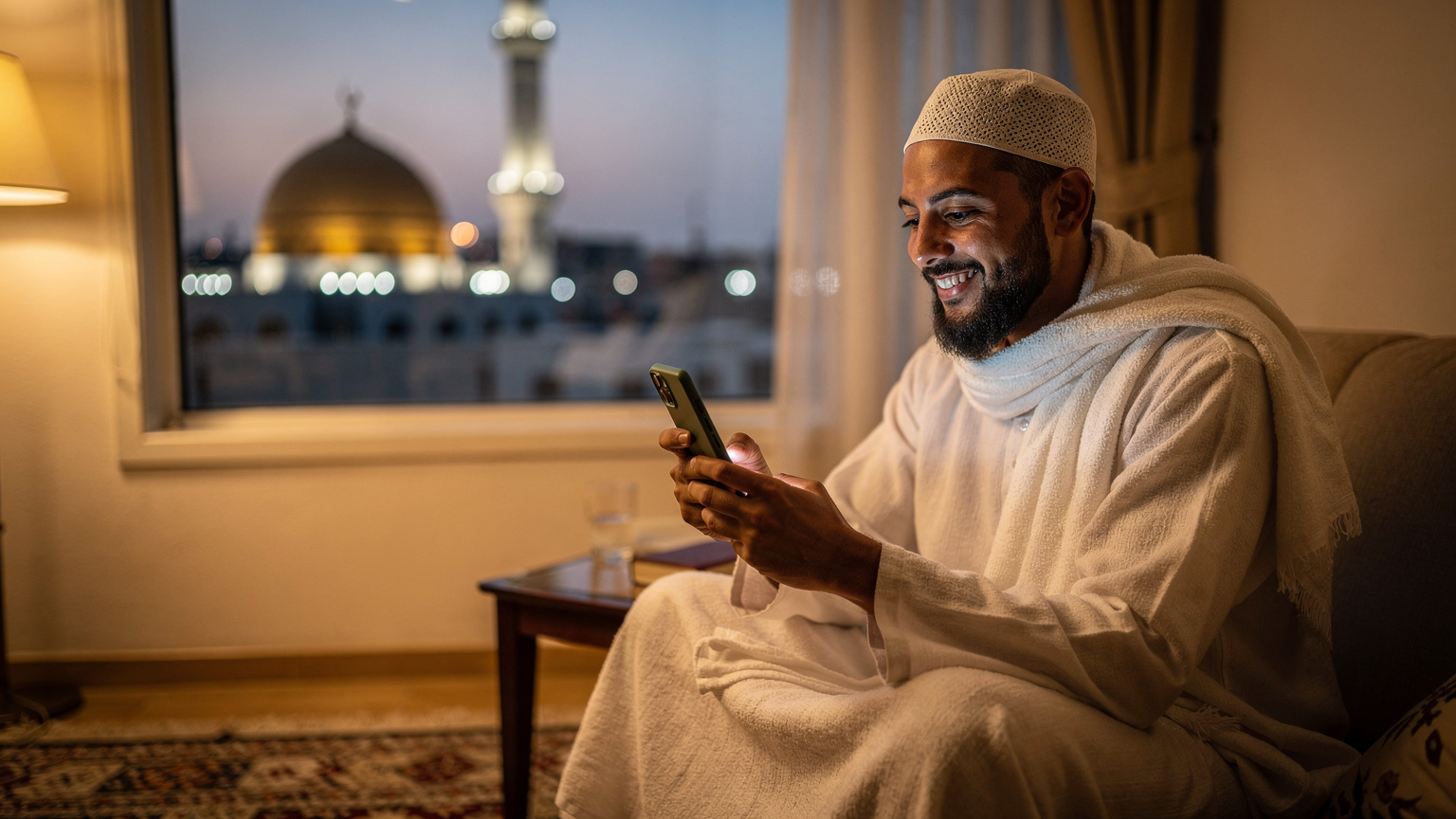 Un pèlerin francophone souriant, en train de passer un appel vidéo via WhatsApp à sa famille, avec les lumières de Médine en arrière-plan, soulignant l'importance du lien familial pendant le Hajj.