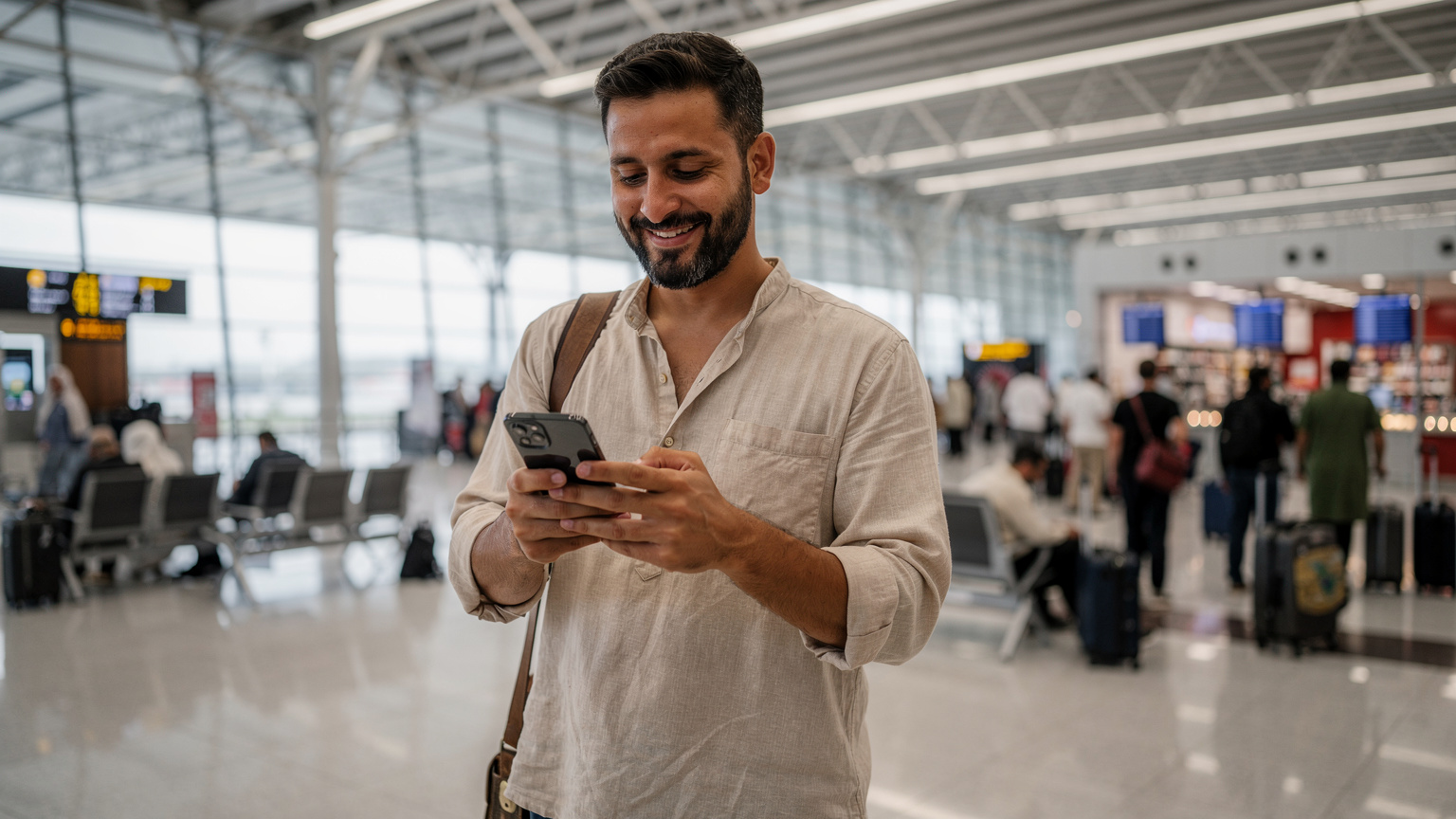 Un pèlerin francophone à l'aéroport de Djeddah, vérifiant l'activation de son eSIM sur son smartphone juste après l'atterrissage, illustrant la facilité d'accès à la connectivité.