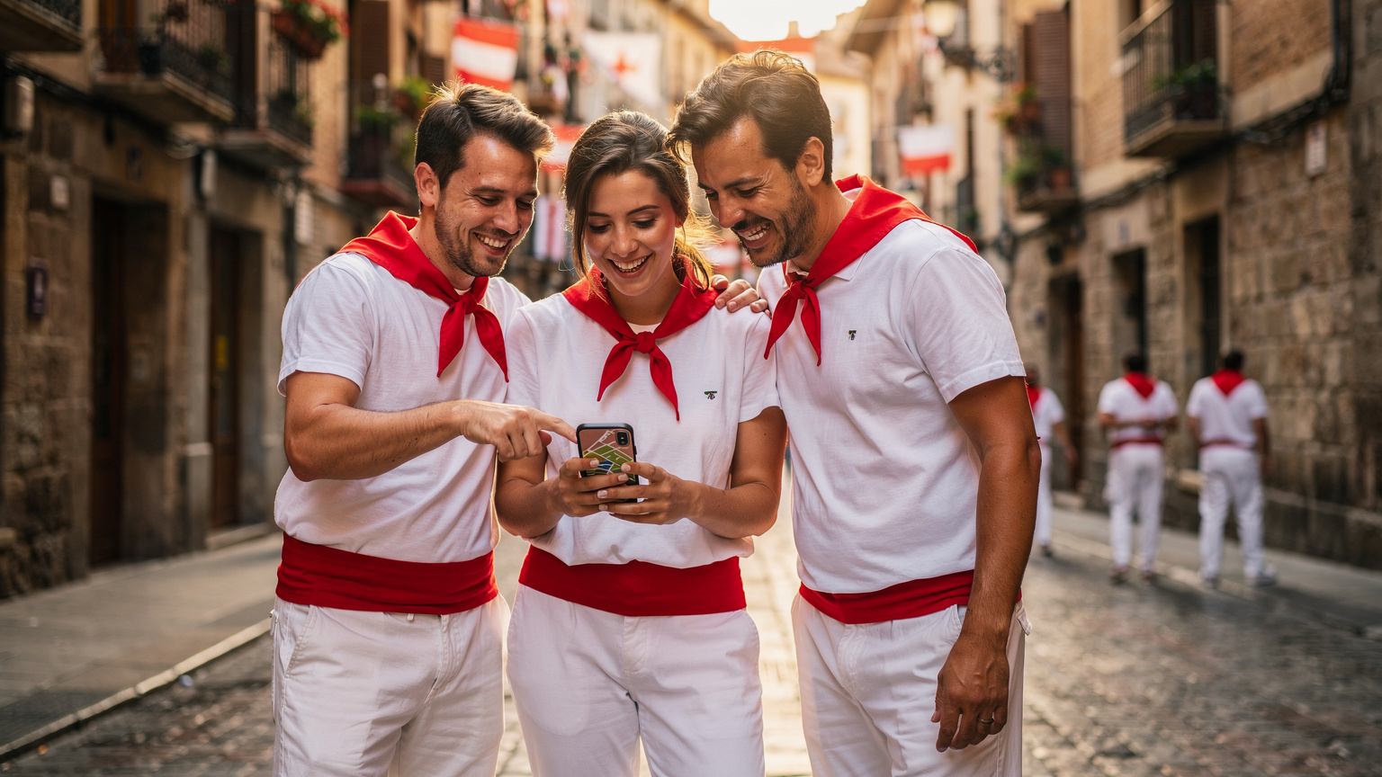 Un grupo de amigos, con vestimenta de San Fermín, se reúne para consultar un mapa en un smartphone, riendo y señalando puntos de interés en la pantalla, mientras el sol de la tarde ilumina las calles de Pamplona.