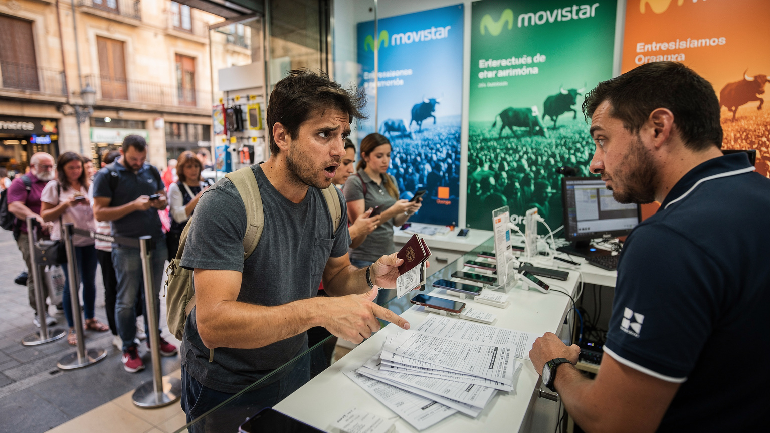 Un viajero frustrado en una tienda de telefonía en Pamplona, lidiando con el papeleo y la barrera del idioma para obtener una SIM física durante las fiestas de San Fermín.