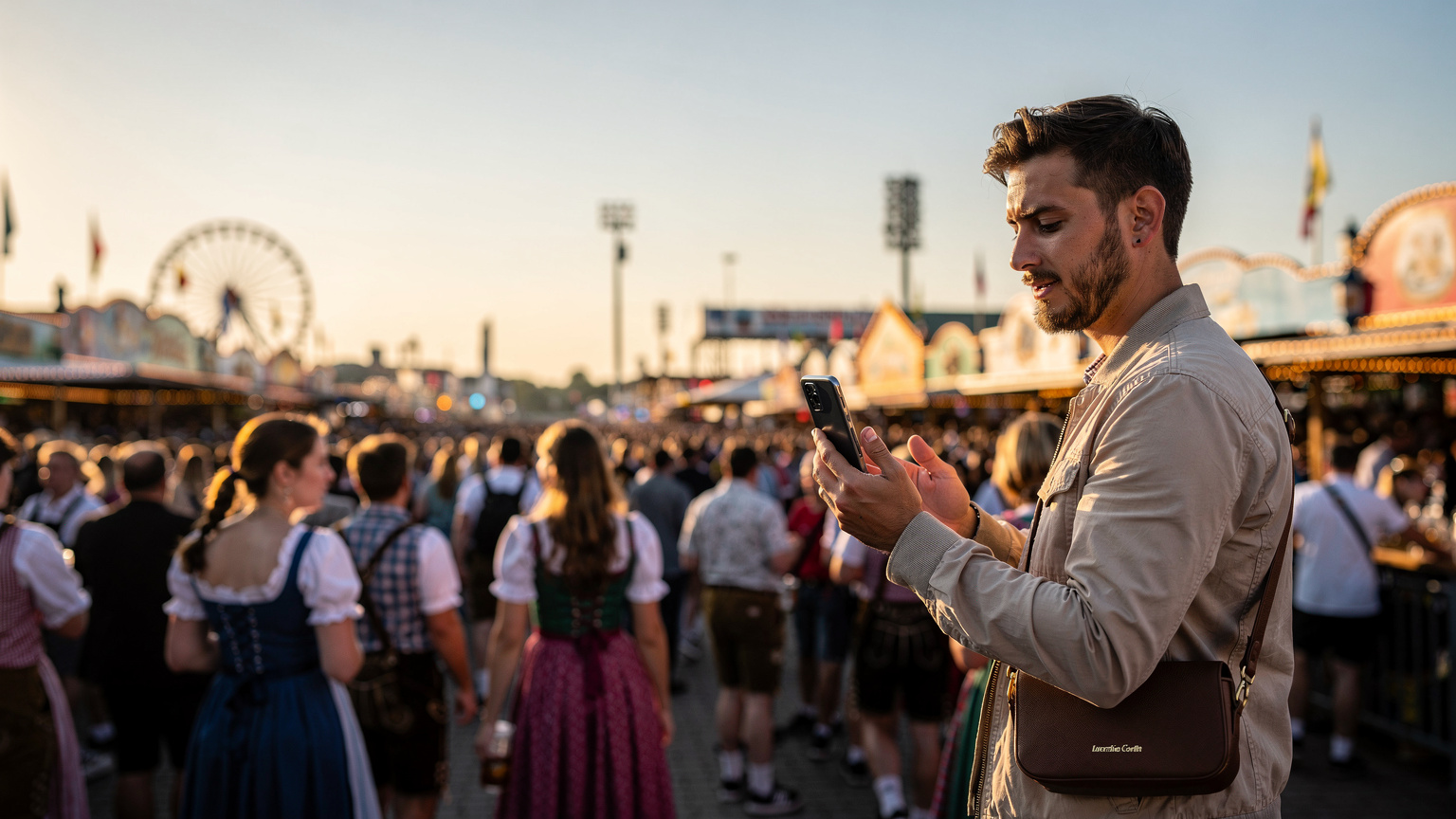 Una mujer sonriente, vestida con un dirndl moderno, consulta su teléfono móvil en medio de la Theresienwiese, con carpas de cerveza y la noria de Oktoberfest al fondo, bajo un cielo parcialmente nublado. Un técnico de redes móviles inspecciona una torre celular temporal en la Theresienwiese, Múnich, durante el Oktoberfest 2026.