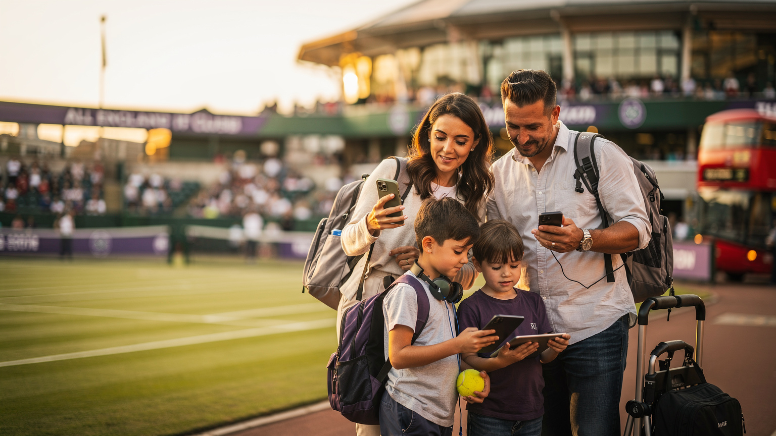 A family, including two children, standing outside the gates of the All England Lawn Tennis Club in Wimbledon, London, holding their phones and looking excited.