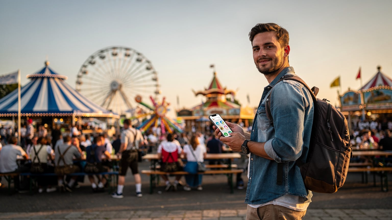 Eine Person checkt ihr Smartphone auf der Theresienwiese in München, im Hintergrund sind die beleuchteten Zelte des Oktoberfests 2026 zu sehen.