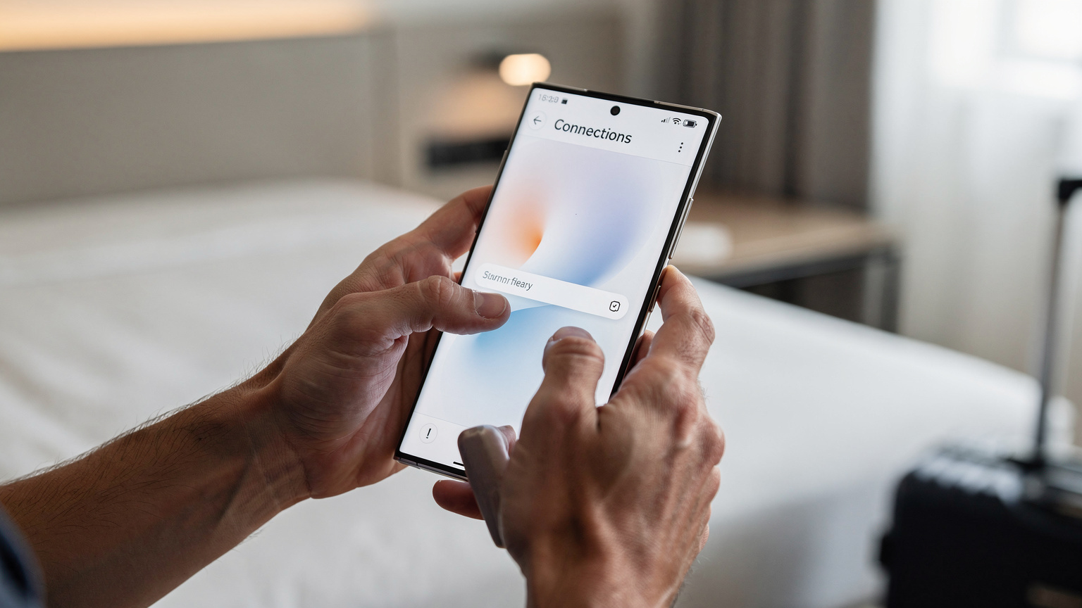 A person's hands delicately interacting with a Samsung Galaxy S25 Ultra screen, adjusting network settings within the 'Connections' menu. The background is a blurred, soft-focus view of a modern hotel room, hinting at seamless connectivity while traveling.