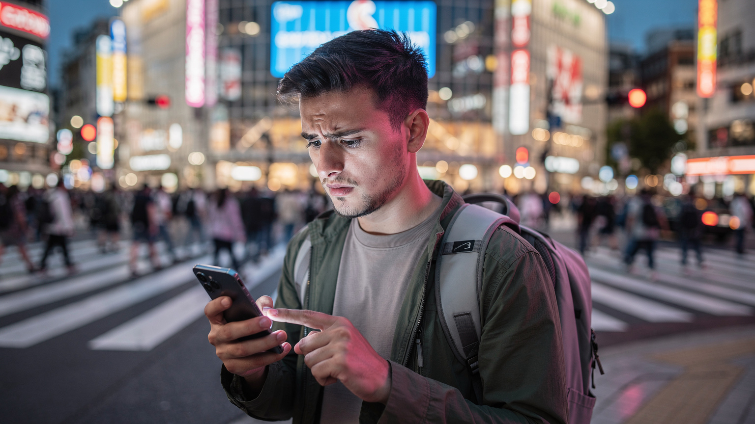 A traveler, mid-20s, looking slightly frustrated at their Samsung Galaxy S25 Ultra screen while standing in a crowded Shibuya Crossing, Tokyo, trying to connect to a slow public Wi-Fi signal. The vibrant, neon-lit cityscape is blurred in the background, emphasizing the individual's focus on their device.