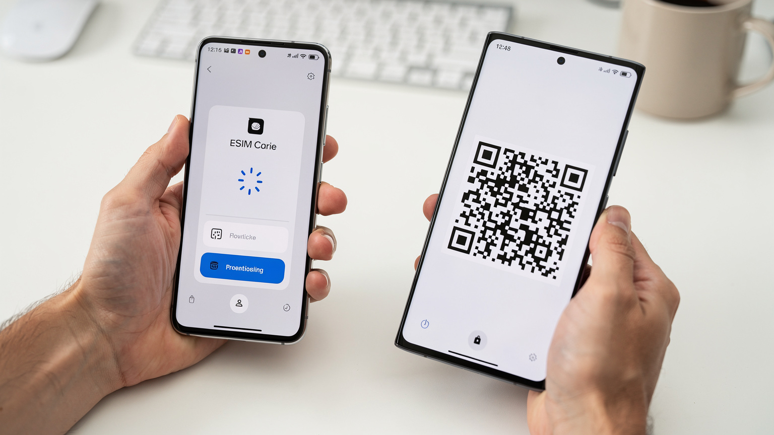 A close-up of a Samsung Galaxy S25 Ultra screen displaying the eSIM activation QR code scanning interface, with a hand holding the phone and another hand holding a separate device displaying the QR code, set in a minimalist, clean environment.