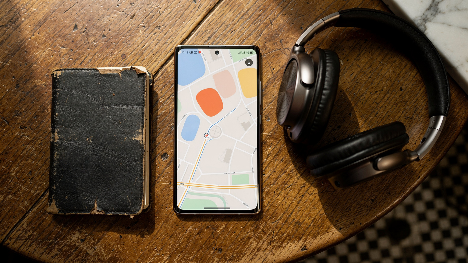 A close-up of a well-worn passport, a Samsung Galaxy S25 Ultra displaying a map, and a pair of noise-cancelling headphones artfully arranged on a rustic wooden table at a charming cafe in Montmartre, Paris, suggesting a moment of planning before exploration.