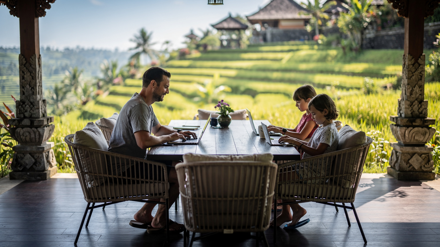 A digital nomad parent, laptop open, working from a beautiful villa in Canggu, Bali, while their child plays quietly nearby. The scene is bathed in warm, soft morning light, showcasing the serene work-life balance.