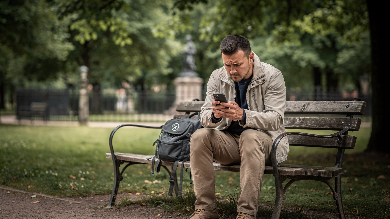 A traveller looking frustrated at their phone screen in a quiet corner of a Stockholm park, possibly Humlegården, with a 'no service' icon visible, indicating a connectivity issue.