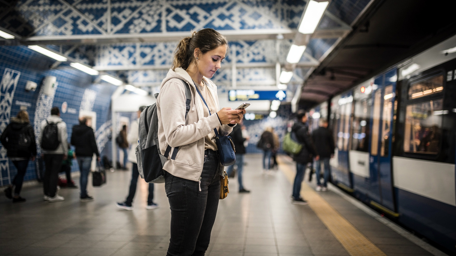 A traveler navigating a crowded Stockholm train station platform, likely T-Centralen, during a busy period, checking their phone for train times and routes to a Midsummer celebration.