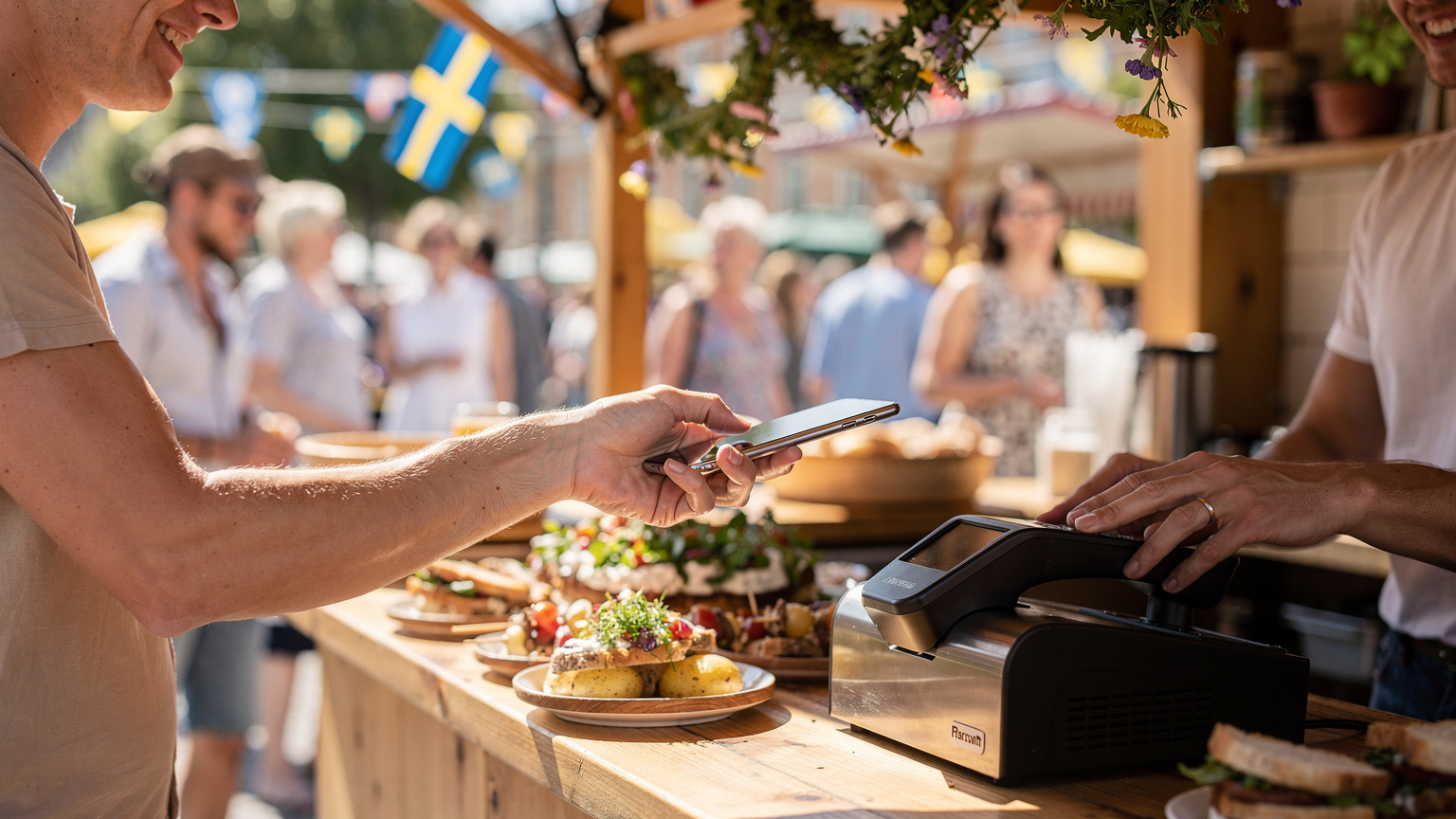 A traveler at a bustling street food stall in Södermalm, Stockholm, during Midsummer, holding their phone to pay contactlessly, showcasing the convenience of digital connectivity in a local setting.
