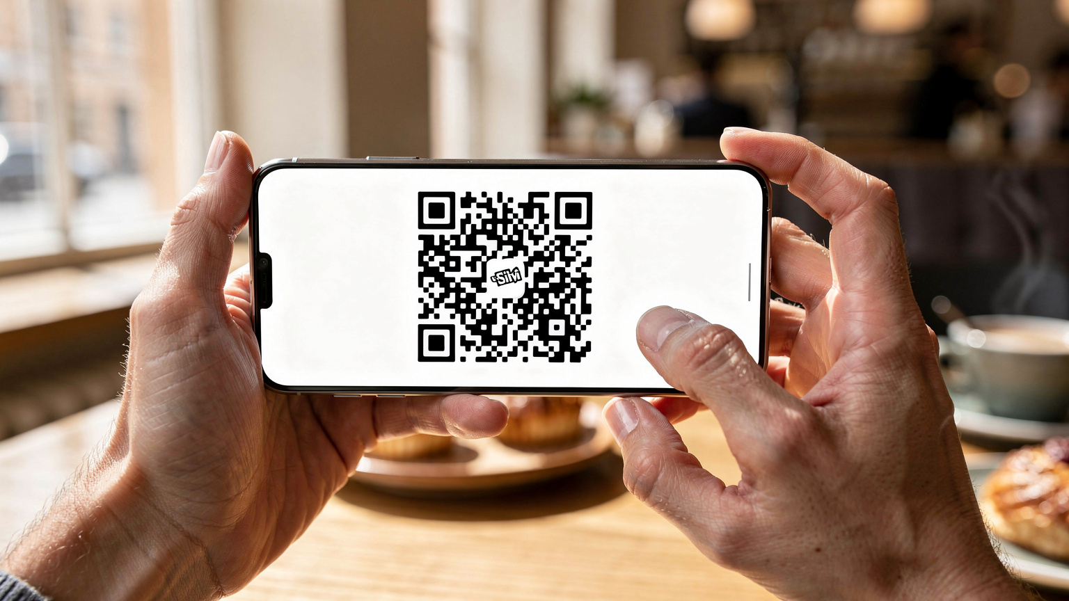 A close-up shot of hands, one holding a smartphone displaying a QR code, while the other hand taps on the screen to activate an eSIM profile, set against a blurred background of a cozy Stockholm cafe interior.