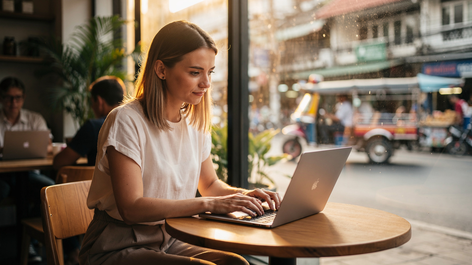 Kobieta pracująca na laptopie w kawiarni z widokiem na tętniącą życiem ulicę Bangkoku, z wyraźnymi neonowymi światłami odbijającymi się w kałuży po deszczu.