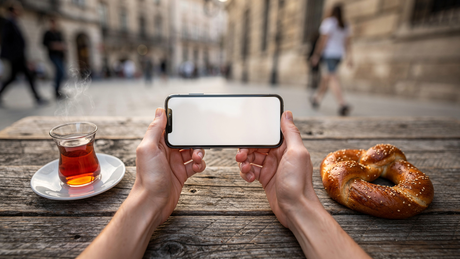 A person's hands hold a smartphone displaying a data usage summary or map, with a cup of Turkish tea and a traditional pastry on a table in a bustling outdoor cafe in a European port city.